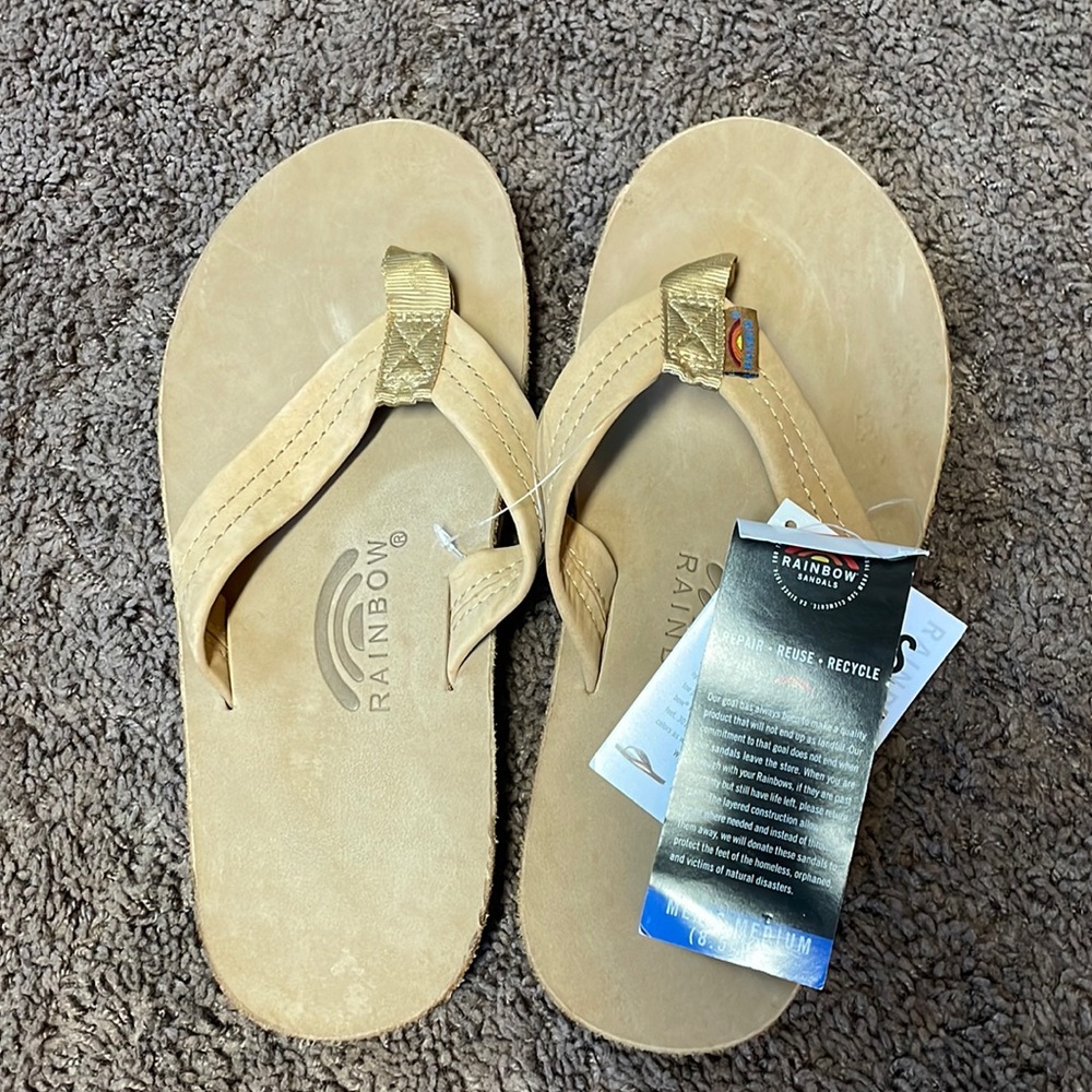 Rainbow Sandals Men’s Single Layer Sand Tan Leather Flip Flops M 8.5-9.5 NWT